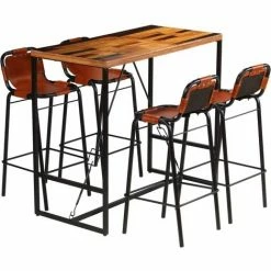 Vente flash 😍 VIDAXL Ensemble De Bar 5 Pcs Bois Massif Recyclé Et Cuir De Chèvre - Brun - Ensembles De Meubles De Cuisine Et De Salle à Manger - Brun - Brun 🎁