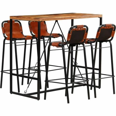 Vente flash 😍 VIDAXL Ensemble De Bar 5 Pcs Bois Massif Recyclé Et Cuir De Chèvre - Brun - Ensembles De Meubles De Cuisine Et De Salle à Manger - Brun - Brun 🎁 4 Vente flash 😍 VIDAXL Ensemble De Bar 5 Pcs Bois Massif Recyclé Et Cuir De Chèvre - Brun - Ensembles De Meubles De Cuisine Et De Salle à Manger - Brun - Brun 🎁 – Image 2