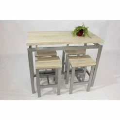 Coupon ❤️ PRICE FACTORY Ensemble Design Table Haute, Bar + 4 Tabourets LE MANS. Set Moderne Type Industriel, Bois Et Métal. - Gris 🔥