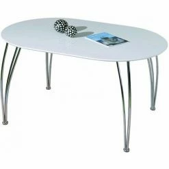 Grosses soldes ⭐ Table Ovali Blanc/Chrome, Dim : 180 X 90 X 74 Cm -PEGANE- ✨