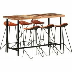 Bon marché ⌛ Ensemble De Bar 7 Pcs Bois De Récupération Et Cuir Véritable Modèle 1 VidaXL 🤩
