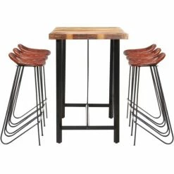 Bon marché ⌛ Ensemble De Bar 7 Pcs Bois De Récupération Et Cuir Véritable Modèle 1 VidaXL 🤩 -Table haute Boutique 18654128 3