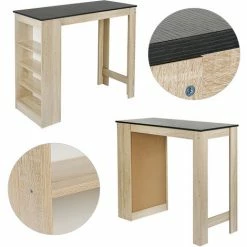 Tout neuf ✨ BATHRINS Table Haute Table De Bar Mange-debout Avec 4 étagères De Rangements – Décor Chêne Et Noir 👍 -Table haute Boutique 23063621 4