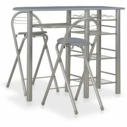 Acheter ⭐ Topdeal Ensemble De Bar Avec étagères 3 Pcs Bois Et Acier Gris ❤️
