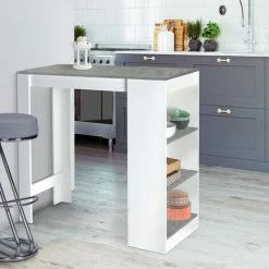 Offres ✔️ IDMARKET Table De Bar BARTH 2 à 4 Personnes Bois Blanc Plateau Effet Béton 😍
