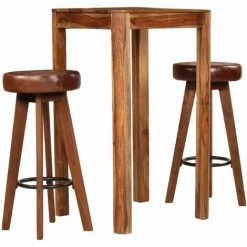 Le moins cher 🛒 Hommoo Ensemble De Bar 3 Pcs Bois De Sesham Massif Et Cuir Veritable HDV12195 😉