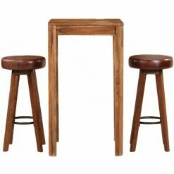 Le moins cher 🛒 Hommoo Ensemble De Bar 3 Pcs Bois De Sesham Massif Et Cuir Veritable HDV12195 😉 -Table haute Boutique 25069184 3