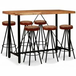 Vente flash 🧨 Hommoo Ensemble De Bar 7 Pcs Bois De Sesham Cuir Veritable Et Toile HDV18070 🎉