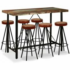 Sortie 🔔 Hommoo Ensemble De Bar 7 Pcs Bois De Recuperation Cuir Veritable Et Toile HDV18082 😍