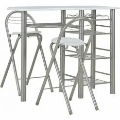 Offres 😀 Hommoo Ensemble De Bar Avec Etageres 3 Pcs Bois Et Acier Blanc HDV24937 🎁 -Table haute Boutique 25137491 2