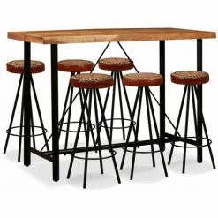 Meilleure vente 😍 TRUE DEAL Ensemble De Bar 7 Pcs Bois D'acacia Cuir Véritable Et Toile 🔔