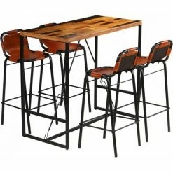 Nouveau 🛒 TRUE DEAL Ensemble De Bar 5 Pcs Bois Massif Recyclé Et Cuir De Chèvre 🎁