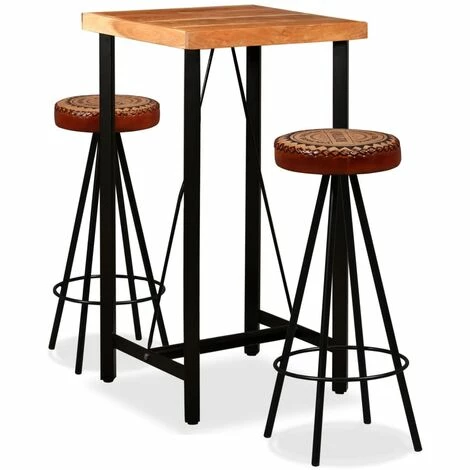 Nouveau 🧨 TRUE DEAL Ensemble De Bar 3 Pcs Bois D'acacia Cuir Véritable Et Toile 🥰 3 Nouveau 🧨 TRUE DEAL Ensemble De Bar 3 Pcs Bois D'acacia Cuir Véritable Et Toile 🥰
