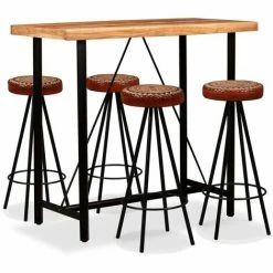Nouveau 😀 TRUE DEAL Ensemble De Bar 5 Pcs Bois D'acacia Cuir Véritable Et Toile ✔️