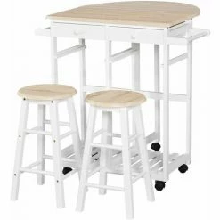 Bon marché 🛒 HOMCOM Ensemble Table De Bar Pliable Sur Roulettes Avec étagère Et 2 Tiroirs + 2 Tabourets Bois Pin MDF Blanc Chêne Clair - Beige 🛒