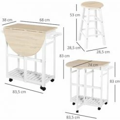Bon marché 🛒 HOMCOM Ensemble Table De Bar Pliable Sur Roulettes Avec étagère Et 2 Tiroirs + 2 Tabourets Bois Pin MDF Blanc Chêne Clair - Beige 🛒 -Table haute Boutique 28719032 3