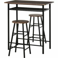De gros 🔔 HOMCOM Ensemble Table De Bar Design Industriel + 2 Tabourets MDF Imitation Bois Noyer Métal Noir - Marron 👍