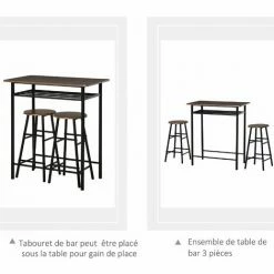 De gros 🔔 HOMCOM Ensemble Table De Bar Design Industriel + 2 Tabourets MDF Imitation Bois Noyer Métal Noir - Marron 👍 -Table haute Boutique 28764568 4