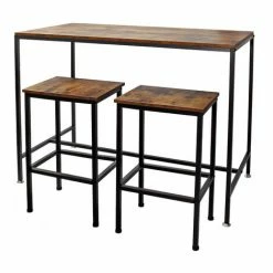 Acheter 🤩 WILTEC Table Haute De Bar Vintage Contemporain 120x60x90cm 2 Tabourets Cadre En Métal Solide Montage Simple ❤️