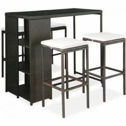 Bon marché 🔥 TRUE DEAL Meuble De Bar De Jardin 5 Pcs Et Coussins Résine Tressée Marron ⭐