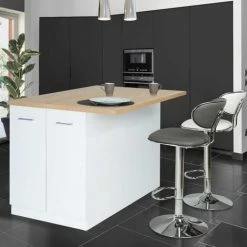 Meilleure vente ⭐ IDMARKET Ilot Central IVO 120 Cm Blanc Avec Plan De Travail Façon Hêtre - Blanc 😍
