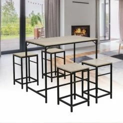 Bon marché 🎉 SKECTEN Table Et Chaises De Bar, Table Haute Avec 4 Tabourets, Pour Cuisine, Salle à Manger, Salon 🎁
