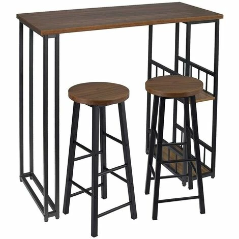 Promo ⌛ HELLOSHOP26 1 X Table De Bar + 2 X Tabourets De Bar Avec 2 étagères En Structure Métallique Et MDF Hêtre Foncé - Beige 🔥 3 Promo ⌛ HELLOSHOP26 1 X Table De Bar + 2 X Tabourets De Bar Avec 2 étagères En Structure Métallique Et MDF Hêtre Foncé - Beige 🔥