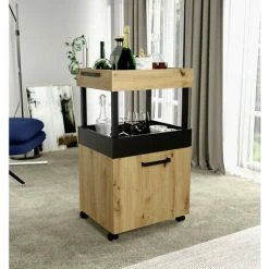 Meilleure affaire ❤️ MEUBLETMOI Bar à Roulettes 1 Porte 2 Plateaux Décor Chêne Et Noir - BENJI - Bois ❤️ 8 Meilleure affaire ❤️ MEUBLETMOI Bar à Roulettes 1 Porte 2 Plateaux Décor Chêne Et Noir - BENJI - Bois ❤️ -Table haute Boutique 37222067 2