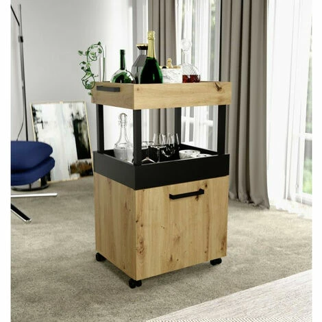 Meilleure affaire ❤️ MEUBLETMOI Bar à Roulettes 1 Porte 2 Plateaux Décor Chêne Et Noir - BENJI - Bois ❤️ 4 Meilleure affaire ❤️ MEUBLETMOI Bar à Roulettes 1 Porte 2 Plateaux Décor Chêne Et Noir - BENJI - Bois ❤️ – Image 2