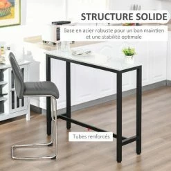 Acheter 😍 HOMCOM Table De Bar - Table Haute De Cuisine - Dim. 120L X 40l X 100H Cm - Châssis Piètement Acier Noir, Plateau Aspect Marbre Blanc - Blanc ⌛ -Table haute Boutique 37330551 4