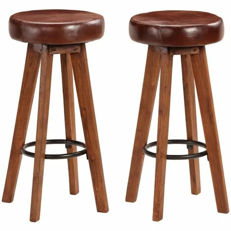 Nouveau 👍 HAPPYSHOPPING Chaises De Bar 2 Pcs Cuir Veritable Et Bois D'acacia Solide 👍 3 Nouveau 👍 HAPPYSHOPPING Chaises De Bar 2 Pcs Cuir Veritable Et Bois D'acacia Solide 👍