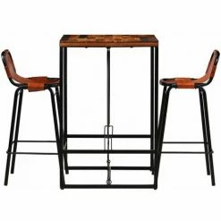 Budget 🎁 HAPPYSHOPPING Ensemble De Bar 3 Pcs Bois Massif Recycle Et Cuir De Chevre ✔️ -Table haute Boutique 41956044 3