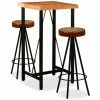 Budget 😉 HAPPYSHOPPING Ensemble De Bar 3 Pcs Bois D'acacia Cuir Veritable Et Toile 😍 -Table haute Boutique 41956086 1