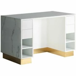 Bon marché 😍 LES TENDANCES Table De Bar Art Déco Verre Cristal Teinté Blanc Marbré Et Acier Doré Kola 180 Cm ❤️ -Table haute Boutique 41999091 4