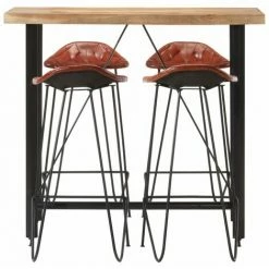 Bon marché 😀 TRUE DEAL Ensemble De Bar 5 Pcs Bois Solide Et Cuir Véritable 🧨 -Table haute Boutique 42169094 2