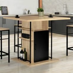 Sortie 🧨 IDMARKET Ilot Central UGO 110 Cm Bois Noir Et Imitation Hêtre Avec Rangements Design Industriel 🔥