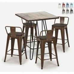 Nouveau 🎁 AHD AMAZING HOME DESIGN Ensemble Table Bois Métal 60x60cm 4 Tabourets Style Tolix Mason Noix Steel Top | Couleur: Marron 🥰