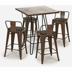 Nouveau 🎁 AHD AMAZING HOME DESIGN Ensemble Table Bois Métal 60x60cm 4 Tabourets Style Tolix Mason Noix Steel Top | Couleur: Marron 🥰 -Table haute Boutique 46946486 3