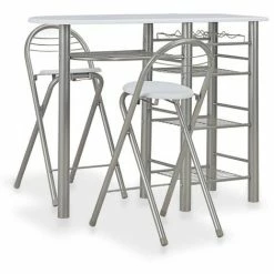 Meilleure affaire 🔥 HAPPYSHOPPING Ensemble De Bar Avec Etageres 3 Pcs Bois Et Acier Blanc 🔔
