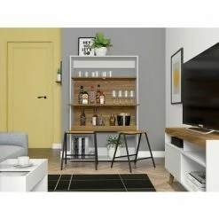 Budget 👏 BEAUX MEUBLES PAS CHERS Meuble Secrétaire - Bar Blanc Et Châtaignier ⭐ -Table haute Boutique 48456394 4