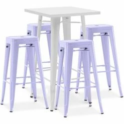 Meilleure affaire ❤️ PRIVATEFLOOR Table De Bar Blanche + X4 Tabourets De Bar En Acier Design Industriel Set Bistrot Stylix - Nouvelle édition Lavande - - Lavande 💯