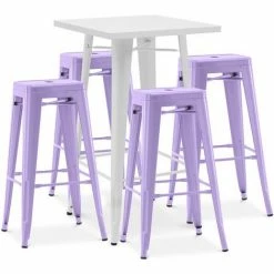 Nouveau 🧨 PRIVATEFLOOR Table De Bar Blanche + X4 Tabourets De Bar En Acier Design Industriel Set Bistrot Stylix - Nouvelle édition Violet Pastel - - Violet Pastel ⭐