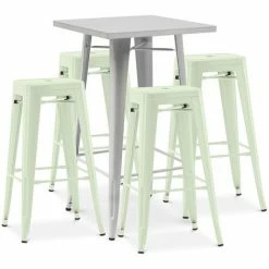 Meilleure vente 💯 PRIVATEFLOOR Table De Bar Argentée + X4 Tabourets De Bar En Acier Ensemble Bistrot Stylix Design Industriel - Nouvelle édition Vert Pâle - - Vert Pâle 🎉