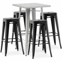 Tout neuf 👍 PRIVATEFLOOR Table De Bar Argentée + X4 Tabourets De Bar En Acier Ensemble Bistrot Stylix Design Industriel - Nouvelle édition Noir - - Noir 🎉