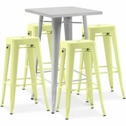 Nouveau 👍 PRIVATEFLOOR Table De Bar Argentée + X4 Tabourets De Bar En Acier Ensemble Bistrot Stylix Design Industriel - Nouvelle édition Jaune Pâle - - Jaune Pâle 😉