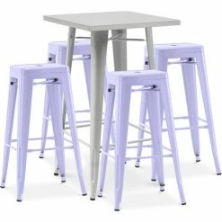 Promo ⭐ PRIVATEFLOOR Table De Bar Argentée + X4 Tabourets De Bar En Acier Ensemble Bistrot Stylix Design Industriel - Nouvelle édition Lavande - - Lavande 👏