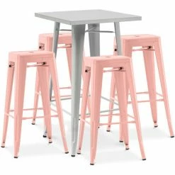 Budget 🔥 PRIVATEFLOOR Table De Bar Argentée + X4 Tabourets De Bar En Acier Ensemble Bistrot Stylix Design Industriel - Nouvelle édition Orange Pâle - - Orange Pâle 🌟