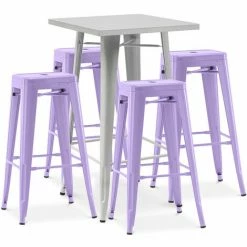 Nouveau ⭐ PRIVATEFLOOR Table De Bar Argentée + X4 Tabourets De Bar En Acier Ensemble Bistrot Stylix Design Industriel - Nouvelle édition Violet Pastel - - Violet Pastel 🛒
