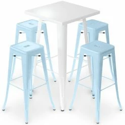 Remise 🌟 PRIVATEFLOOR Table De Bar Blanche + X4 Tabourets De Bar En Acier Mat Set Bistrot Stylix Design Industriel - Nouvelle édition Bleu Clair - - Bleu Clair ✔️