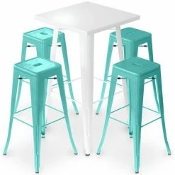 Coupon 👏 PRIVATEFLOOR Table De Bar Blanche + X4 Tabourets De Bar En Acier Mat Set Bistrot Stylix Design Industriel - Nouvelle édition Vert Pastel - - Vert Pastel 🔥